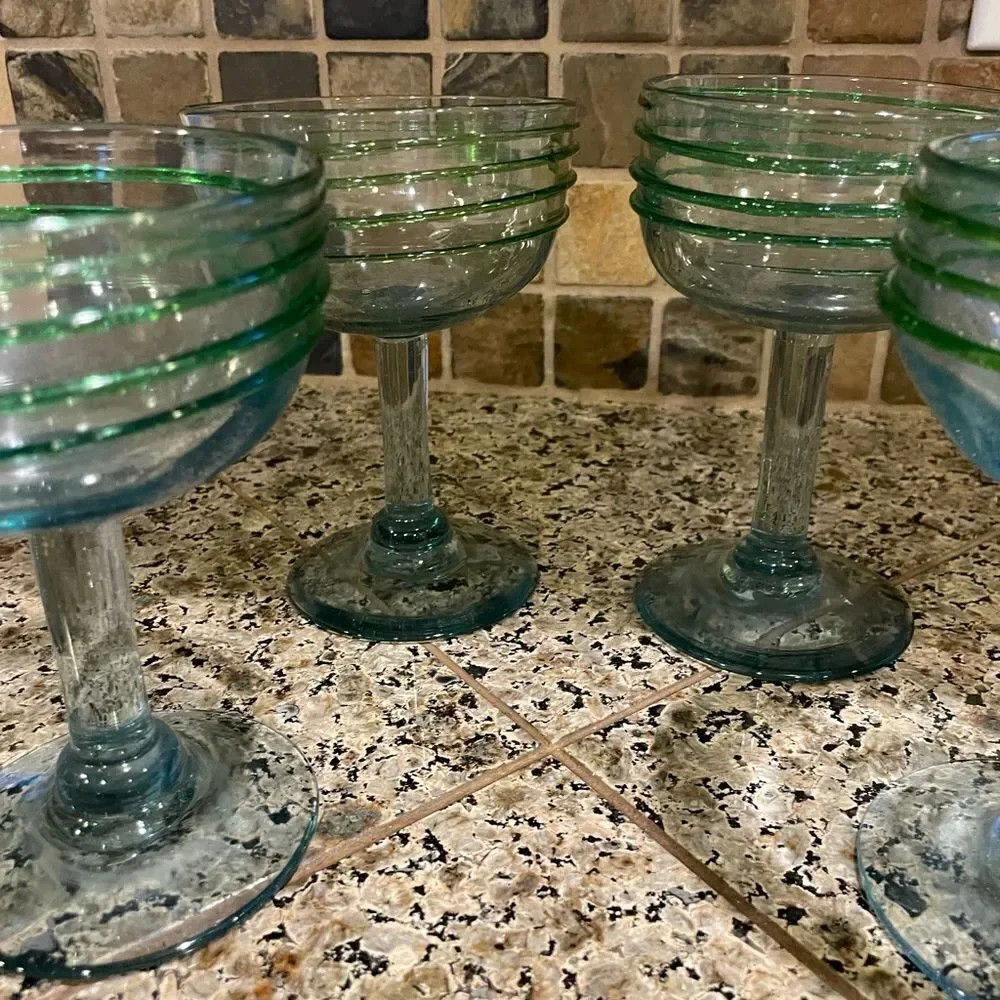 4 Hand Blown Green Glass Margarita Glasses Made in Mexico